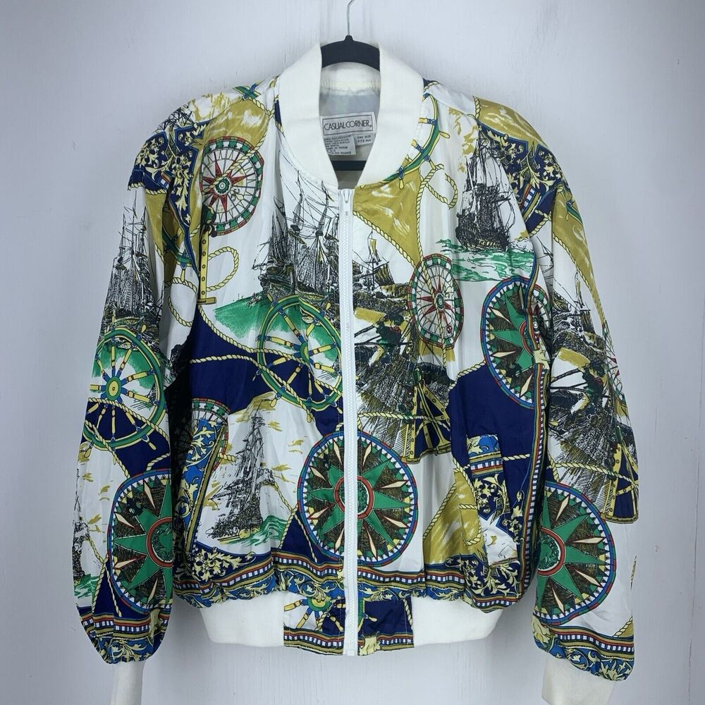 Vtg Casual Corner Womens‎ Nautical Bomber Jacket Multicolor Artsy Boxy Oversized